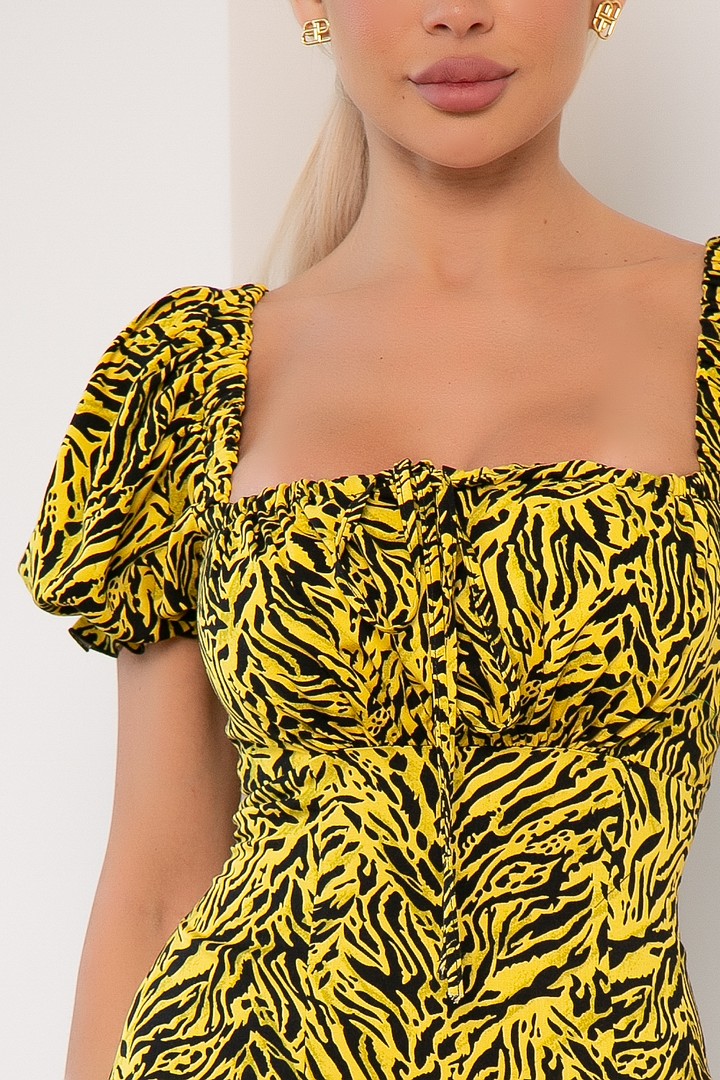 Фото товара 22450, желтое короткое платье с принтом зебра